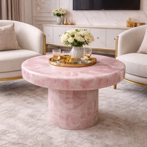 Mesa Redonda de Cuarzo Rosa Hecha a Mano, Muebles de Interior de Lujo y Decoración de Mesa de Lujo Hecha a Mano para el Hogar - Product Image 1