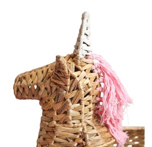 Cute Unicorn Shaped Water Hyacinth Storage Basket with Pink Mane Handwoven <b>Wicker</b> Toy Organizer <b>Bin</b> for Girls Room Nursery - Product Image 3