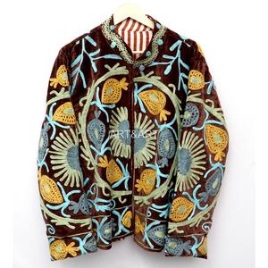 <b>Women's</b> <b>Velvet</b> Cotton Embroidered Jacket Handcrafted Floral Stripe Pattern Bohemian Style Full Sleeve O-Neck Collar Autumn Wear - Product Image 5