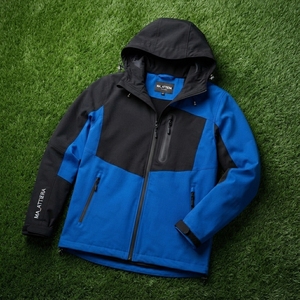 Chaqueta cortavientos con capucha para hombre, azul y negra, con bloques de color, cremallera completa, para deportes al aire libre y senderismo, con bolsillos. - Product Image 5