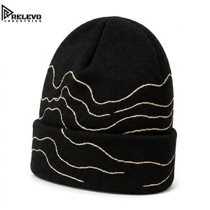 Bonnet en tricot à revers rayé brodé noir 100% acrylique de qualité supérieure pour adultes unisexe - Product Image 3