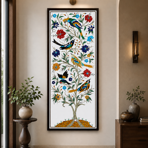 Panel de Pared de Piedra con Incrustaciones de Mármol Blanco Pulido Hecho a Mano, con Aves y Flores, Arte Pietra Dura, Decoración de Pared de Lujo - Product Image 1