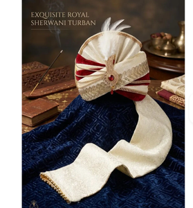 Royal Maroon Velvet Sherwani Turban Ivory Silk Safa with Kalgi Pearl Beaded Pagri - Product Image 3