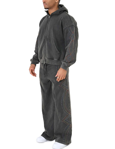 Ensemble de survêtements de jogging en molleton pour hommes, avec pantalon évasé, effet délavé et strass de haute qualité - Product Image 5