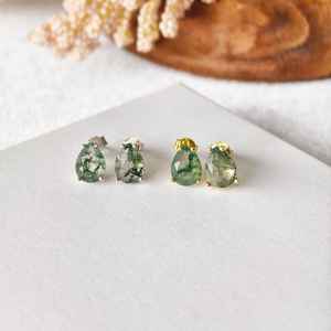 Boucles d'oreilles pendantes en argent sterling 925 plaqué or 14 carats avec agate mousse naturelle, bijoux pour femmes - Product Image 2