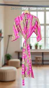 ชุดกิโมโนผ้าฝ้ายสำหรับผู้หญิง ลายพิมพ์บล็อกดอกไม้แบบดั้งเดิม เหมาะสำหรับการพักผ่อนและสวมใส่ตอนกลางคืนอย่างสบาย - Product Image 4