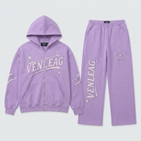 Setelan Training Pria Rajut Katun 100% OEM Musim Gugur Bernapas 400g Tanpa Jahitan Motif Bintang Hoodie Resleting Celana Panjang Lebar