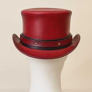 High Quality Custom Handmade Unisex Red Leather Steampunk Top <b>Hat</b> With Ring Band Festival Cosplay <b>Hat</b> - Product Image 5