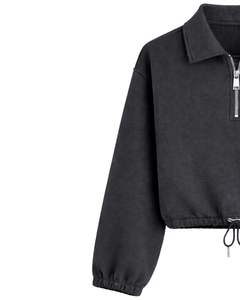 Sudadera Corta Negra Personalizada para Mujer con Cierre de Cremallera, Estilo Casual, con Cordón Ajustable en el Bajo, de Felpa Suave, Algodón y Poliéster, para Invierno - Product Image 2