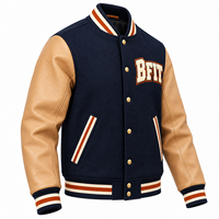 Veste universitaire pour homme en laine marine avec manches en cuir marron, logo brodé, vêtement d'automne