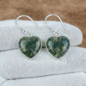 Pendientes de Plata de Ley 925 Maciza con Ágata Musgosa Engastada a Mano, Corte Corazón, Inspirados en la Naturaleza para Mujer - Product Image 2
