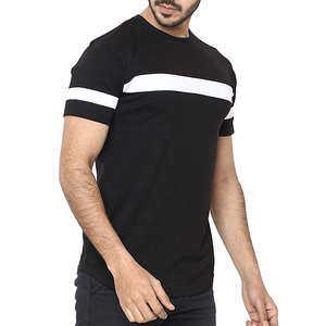 T-shirt à manches courtes en jersey respirant pour homme, taille plus, noir, avec bordure contrastée à rayures blanches, col rond, design tricoté décontracté - Product Image 4