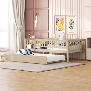 Letto a giorno in legno naturale a una piazza e mezza con letto estraibile e sponde di sicurezza per camerette dei bambini - Product Image 1