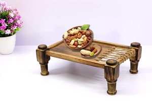 Bandeja Rectangular de Madera Sólida con Forma de Cuna | Bandeja Estilo Charpai/Khaat para Té, Café, Desayuno y Aperitivos - Product Image 1
