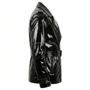 Manteau <span class=keywords><strong>trench</strong></span> pour homme en similicuir verni <span class=keywords><strong>noir</strong></span> brillant, imperméable, avec ceinture, doublure matelassée et rembourrée - Product Image 4