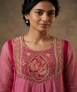 Salwar Kameez de Seda Chanderi Rosa Vintage para Mujer, con Bordado Múltiple, Largo hasta la Rodilla, Estilo Étnico de India y Pakistán, para Todas las Temporadas, Informal - Product Image 2
