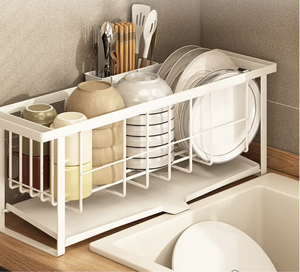 Black Metal 2 Tier Kitchen Organizer Countertop <b>Dish</b> <b>Rack</b> With Utensil Holder Multi Function Storage Shelf - Product Image 4