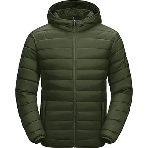 Men's Olive Green Hooded Puffer <b>Jacket</b> Windproof Zipper Closure Polyester Winter Coat Casual Style Regular Fit - Product Image 1