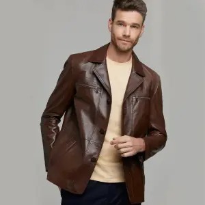 Blazer en cuir véritable marron foncé pour homme, fermeture éclair sur le devant, style décontracté vintage, respirant, respectueux de l'environnement, en cuir d'agneau véritable - Product Image 5