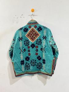 Peach Multicolor Waterproof Zipper Embroidered <b>Velvet</b> Winter <b>Jacket</b> with Traditional Botanical Floral Design - Product Image 4