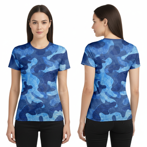 T-shirt de yoga camouflage bleu pour femme, manches courtes, séchage rapide, respirant, fitness, gym, entraînement, design de logo personnalisé - Product Image 3