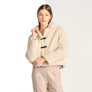 Women's Cream <b>Fleece</b> <b>Jacket</b> With Shawl Collar And Covered Buttons <b>Warm</b> Winter Outerwear Short Length Full Sleeve - Product Image 5
