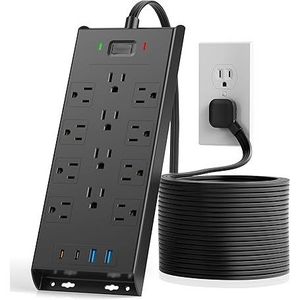 Rallonge électrique LeZone de 10 pieds avec 12 prises, 2 ports USB-C, 2 ports USB, protection contre les surtensions de 4800J, montable au mur - Product Image 1