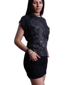 Camiseta de Manga Corta Negra para Mujer con Estampado de Dragón, Corte Ajustado, Cuello Redondo, Transpirable, de Poliéster Tejido - Product Image 1