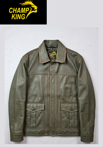 Men's Vintage Olive Green <b>Leather</b> <b>Jacket</b> with Flap Pockets - Product Image 2