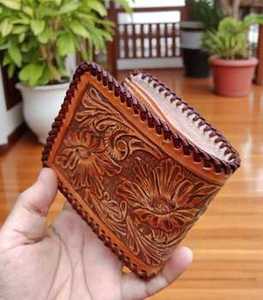 100% Genuine Leather Multi Color Hand Tooled Florals Carved Border Hard Stitched Open Portable Bi-Fold Card Money Carry Men's - Product Image 3