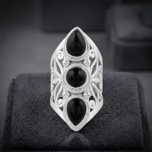 925 Sterling Silver Black Onyx Statement Ring Handmade Vintage Filigree Jewelry for Women Bold Cocktail Fashion Ring - Product Image 5