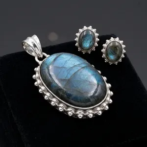 Blue Fire Labradorite 925 Sterling Silver Pendant Earrings Set Oval Cabochon Bezel Setting Indian Bohemian Women's Jewelry Gift - Product Image 4