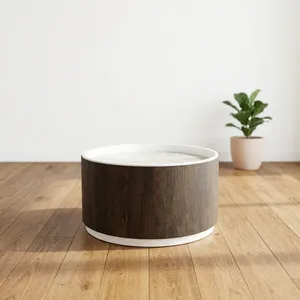 Modern <b>Round</b> Walnut Wood Coffee <b>Table</b> with White Top Decorative Low Side <b>Table</b> for Living Room - Product Image 2