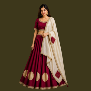 Conjunto de Ropa Étnica Tradicional para Boda, Chaniya Choli de Seda Romana Premium con Dupatta de Seda Pashmina con Parches - Product Image 1