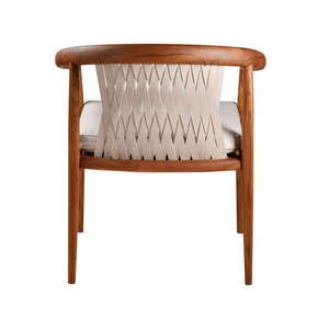 Chaise de salle à manger moderne en teck courbé avec dossier tressé et assise rembourrée pour des espaces de vie élégants - Product Image 4