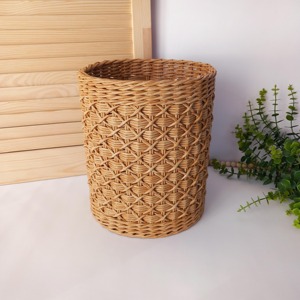 Rattan Storage Basket Cylindrical Woven Geometric Pattern Minimalist Decorative Indoor Household Use Open Top Wastes <b>Bin</b> - Product Image 1