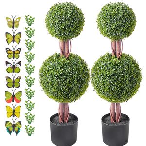 Arbre artificiel en buis de 36 pouces de haut, double boule, plante artificielle avec feuilles supplémentaires, pot, ensemble de 2 pièces - Product Image 1