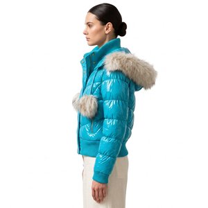 Chaqueta Acolchada Turquesa con Capucha con Ribete de Piel, Cierre de Cremallera en las Mangas Completas, Color Sólido, Impermeable, Térmica y Ecológica para Mujer - Product Image 3
