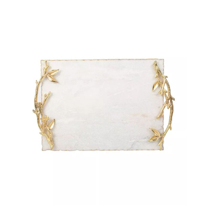 Tabla de Queso Rectangular de Mármol Blanco Hecha a Mano con Diseño de Orquídeas y Asas Metálicas Niqueladas para Decoración del Hogar - Product Image 4