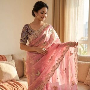 Sari en satin doux de qualité supérieure avec broderies de sequins et de zari, et blouse de créateur entièrement cousue, prix de gros par Royal Export - Product Image 1