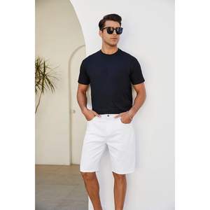 2025 short en jean décontracté pour hommes coupe décontractée lavage coloré extensible avec imprimé en détresse Style droit taille moyenne Jean foncé - Product Image 6