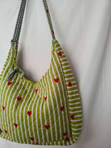 Green Solid Quilted Cotton <b>Tote</b> <b>Bag</b> with Red Hearts Zipper & Open Closure <b>Summer</b> Fashion Women's Handbag All Seasons Daily Use - Product Image 2