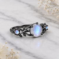 Ensemble de bagues de couple en pierre de lune gothique, romantique, plaqué or noir, argent sterling 925 massif, pierre précieuse ronde, ensemble de bagues de mariage pour couple