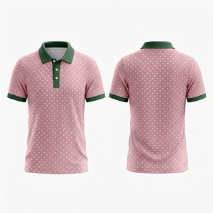 เสื้อโปโลผู้ชายสีชมพูลายจุด แขนสั้น สไตล์ลำลอง ผ้าถัก ทรงปกติ แต่งขอบสีเขียว ดีไซน์กระดุม - Product Image 1