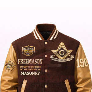 Veste universitaire personnalisée d'inspiration maçonnique – Corps en laine de qualité supérieure avec manches en cuir PU et symboles brodés - Product Image 2
