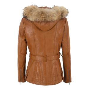 Women's Winter Genuine Napa Leather <b>Hooded</b> Parka <b>Coat</b> Detachable Faux <b>Fur</b> Trim <b>Belted</b> Design Customizable Private Label - Product Image 2