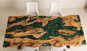 Table à manger rectangulaire moderne en résine avec bord naturel, design grain de bois vert et or, faite à la main, mobilier contemporain pour la maison, 6 places - Product Image 2