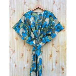 Blue Floral <b>Kaftan</b> Bridesmaid Gown Indian Print Cotton Tunic <b>Plus</b> <b>Size</b> Summer Cover Ups for Beach Nightwear or Swim - Product Image 5