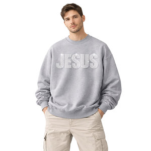 High Quality Bulk Supply Men Winter Grey Oversized <b>Sweatshirt</b> Rhinestone JESUS Print Crewneck Long Sleeve Comfortable Fashion - Product Image 1