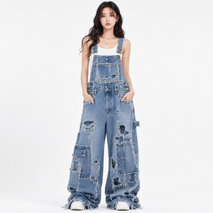 Women's Corduroy Overalls High Waist Regular Fit Full Length Ripped Patchwork <b>Wide</b> <b>Leg</b> Street Wear <b>Casual</b> Vintage <b>Jumpsuit</b> 100% - Product Image 1